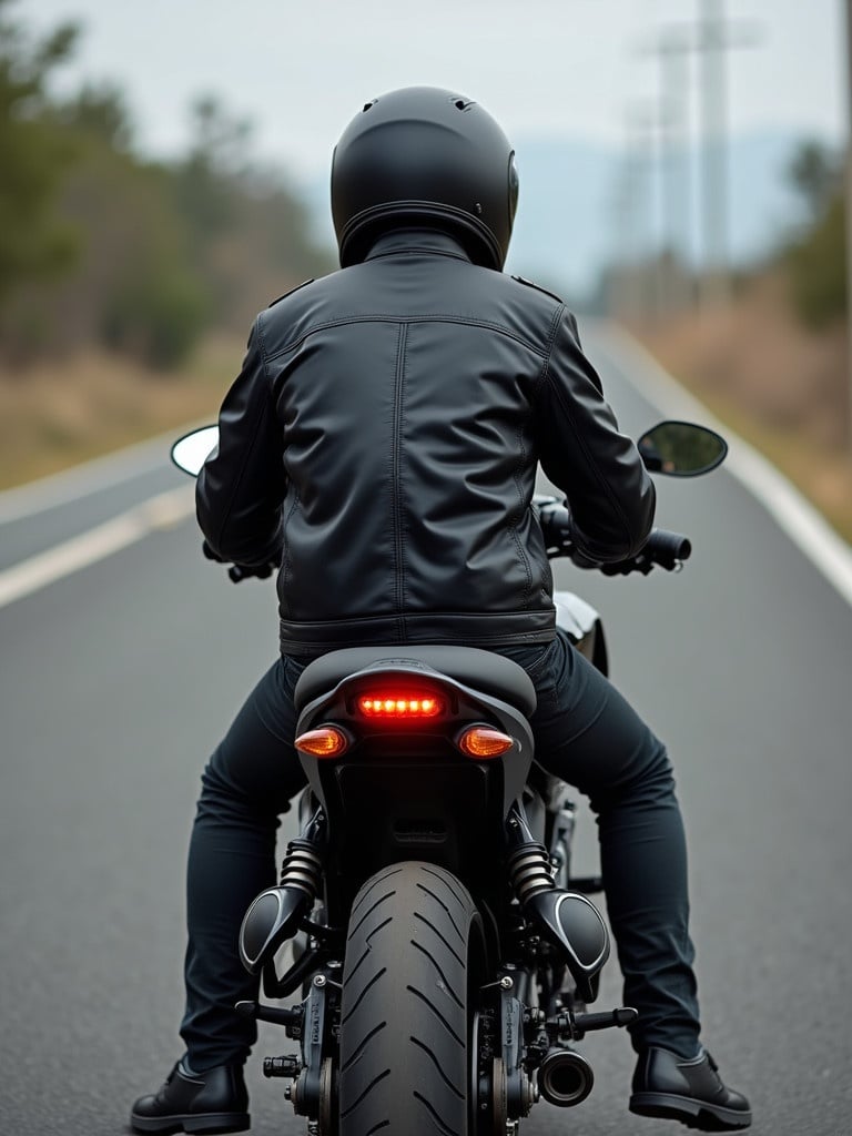 Motorcycle rider sitting on his bike. Rider wears a black leather jacket on backwards. The image shows a straight road with trees on the side. The focus is on the rider's back. It is a cloudy day.