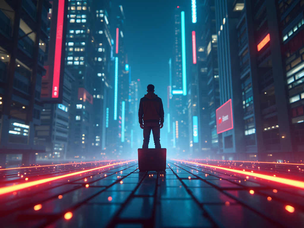 A lone figure stands on an illuminated futuristic city street, surrounded by towering skyscrapers with glowing neon signs.