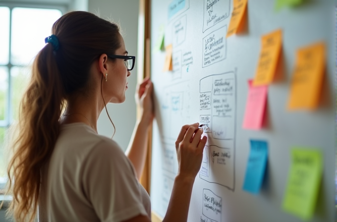 A woman writes on a whiteboard surrounded by colorful sticky notes.