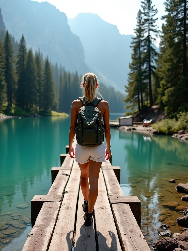 A person with a backpack walks on a wooden dock beside a serene lake surrounded by tall pine trees and mountains.