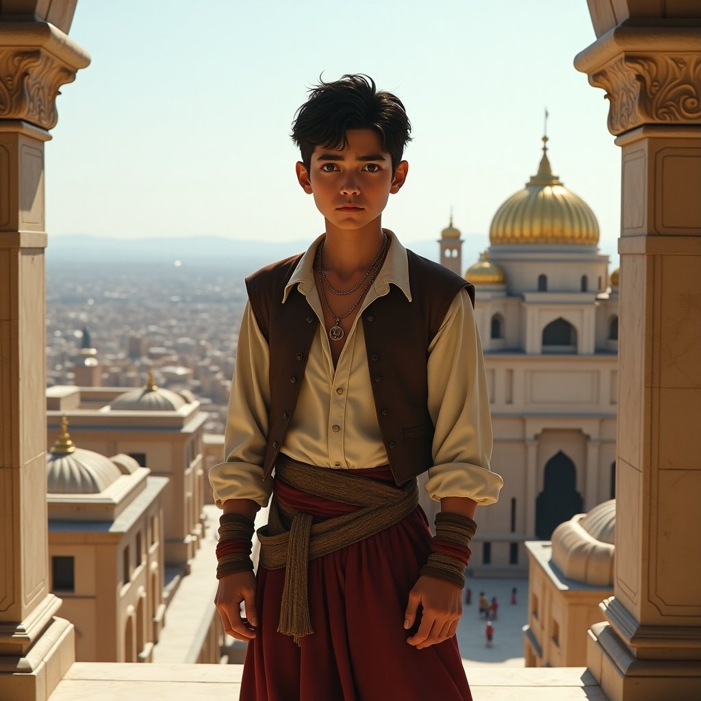 Young man in royal attire with vest and baggy pants. Small cap on head. Heroic pose with concern on face. Rooftop of ancient palace with ornate tiles and golden domes. City below.