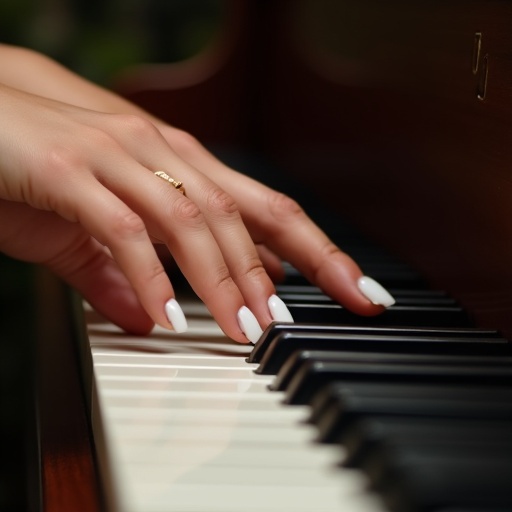 Image showcases a woman's feet with white toenail polish over piano keys. The feet are positioned elegantly, side view facing the piano. No hands are visible. Focus is on the interaction between the feet and the piano to highlight elegance.