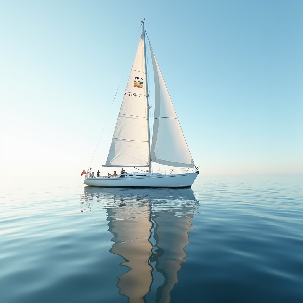 A sailboat peacefully reflected on calm, clear blue waters under a serene sky.