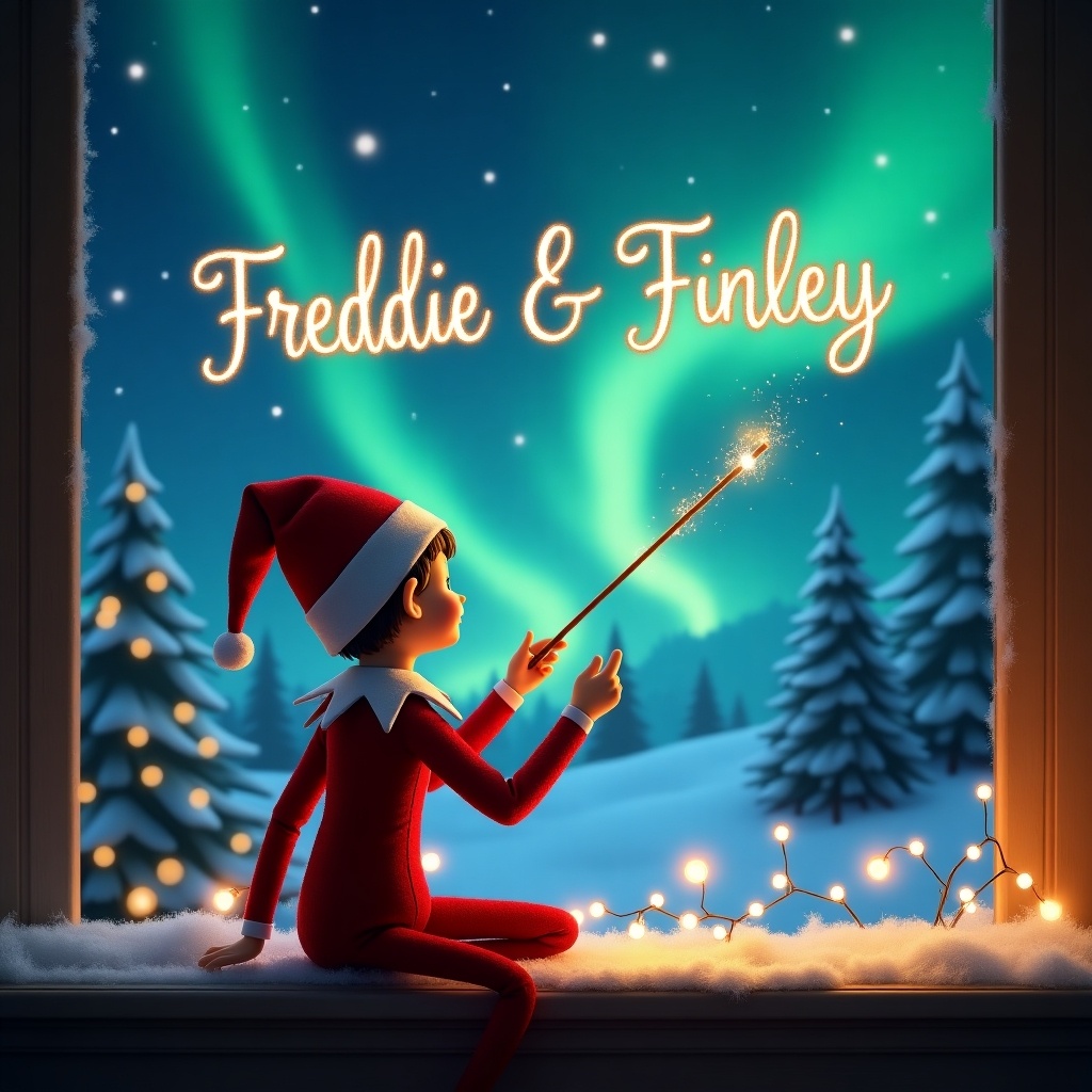 Imagine a magical Christmas scene where an elf, portrayed with a festive outfit and a pointed hat, sits with his back facing the viewer. The elf is looking out of a cozy window, gazing at a mesmerizing sky illuminated by the northern lights. He holds a wand that sparkles as he elegantly writes 'Freddie & Finley' in the stars above. The background features snowy trees and twinkling Christmas lights that add to the enchantment of the scene. This illustration embodies the spirit of the holiday season, combining elements of wonder and whimsy.