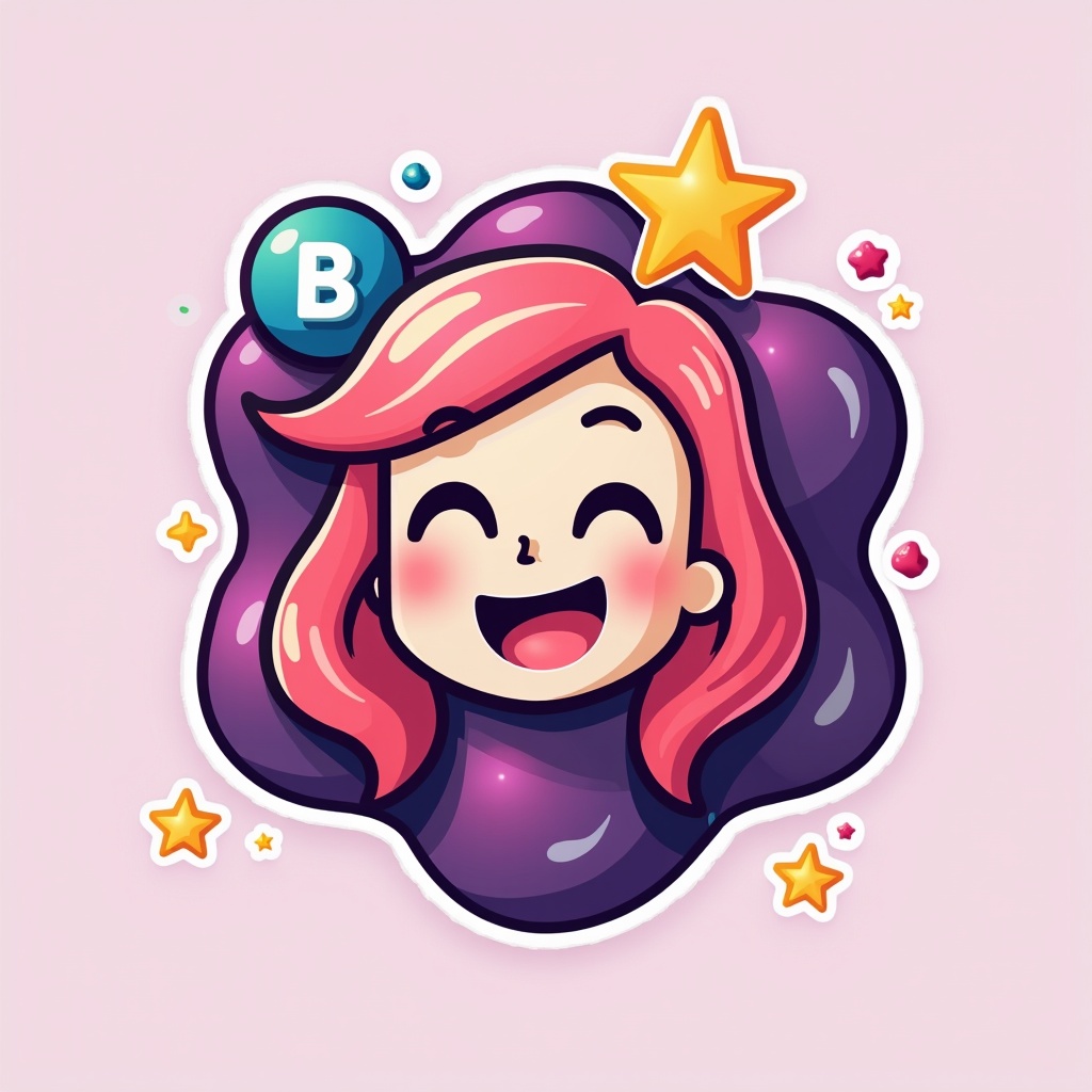 This logo design represents a vibrant and cheerful character for an online multiplayer game called BSbingo.fun. The character has bright pink hair and a big, friendly smile that conveys excitement and fun. It's surrounded by a playful purple cloud with colorful stars and sparkles, making it eye-catching and lively. The design is simple yet engaging, suitable for children and young adults. It captures the essence of an entertaining digital experience.