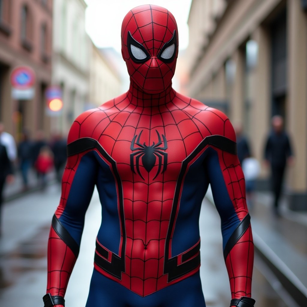 Costume design inspired by spider motifs. Bright red and blue colors dominate the outfit. Superhero aesthetic present. Bold texture in the fabric adds visual interest. Suitable for cosplay or themed events. Main focus on costume details without notable features of a specific character.