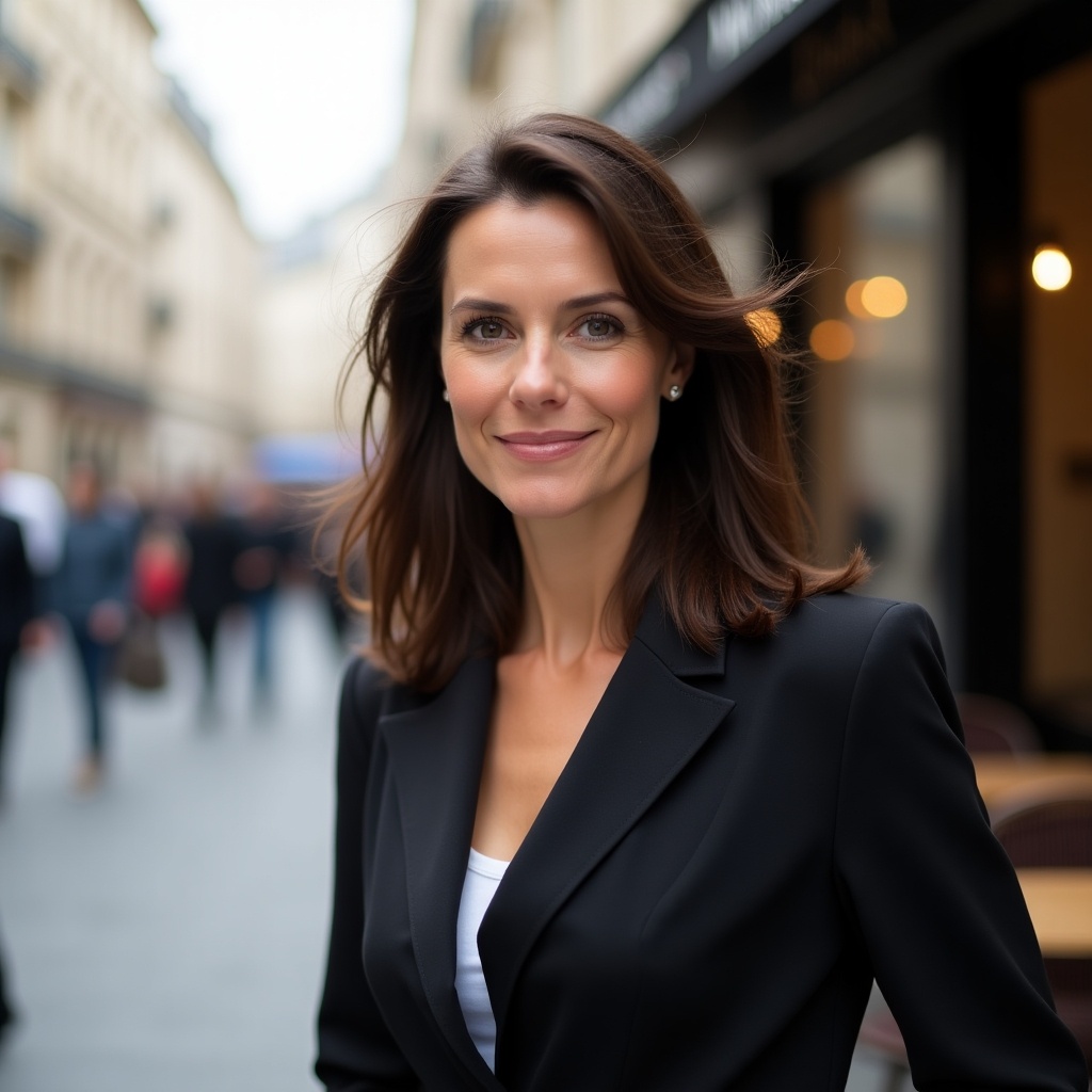 A woman dressed in a black outfit on a city street. Soft natural lighting illuminates the scene. The background features blurred figures of people walking. The focus is on the woman's stylish appearance in an urban setting.