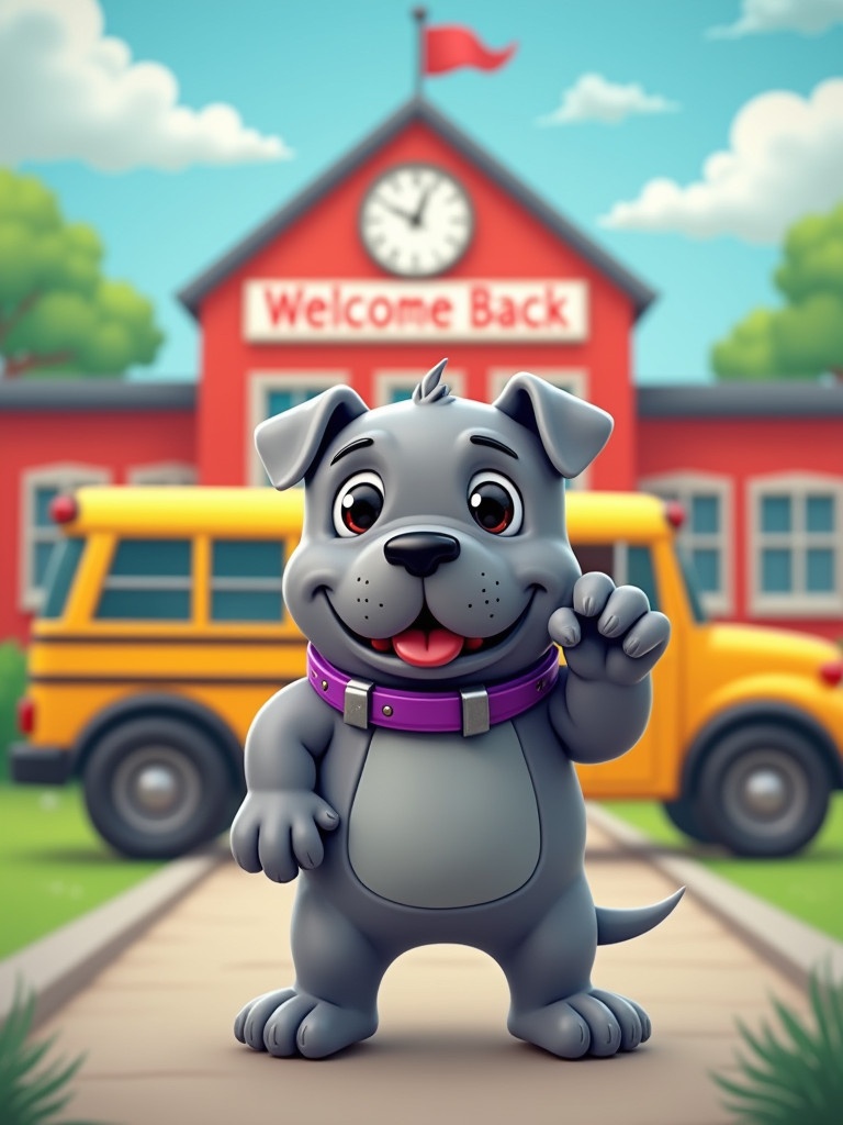 Cartoon style illustration of a school building with a school bus The main focus is a gray bulldog standing and waving The dog's collar is purple The background features the words Welcome Back