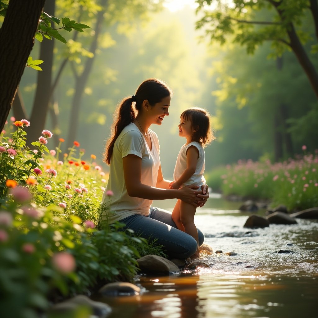 A mother and child by a creek surrounded by flowers. The scene is set in a tranquil natural environment. Soft light creates a serene atmosphere.