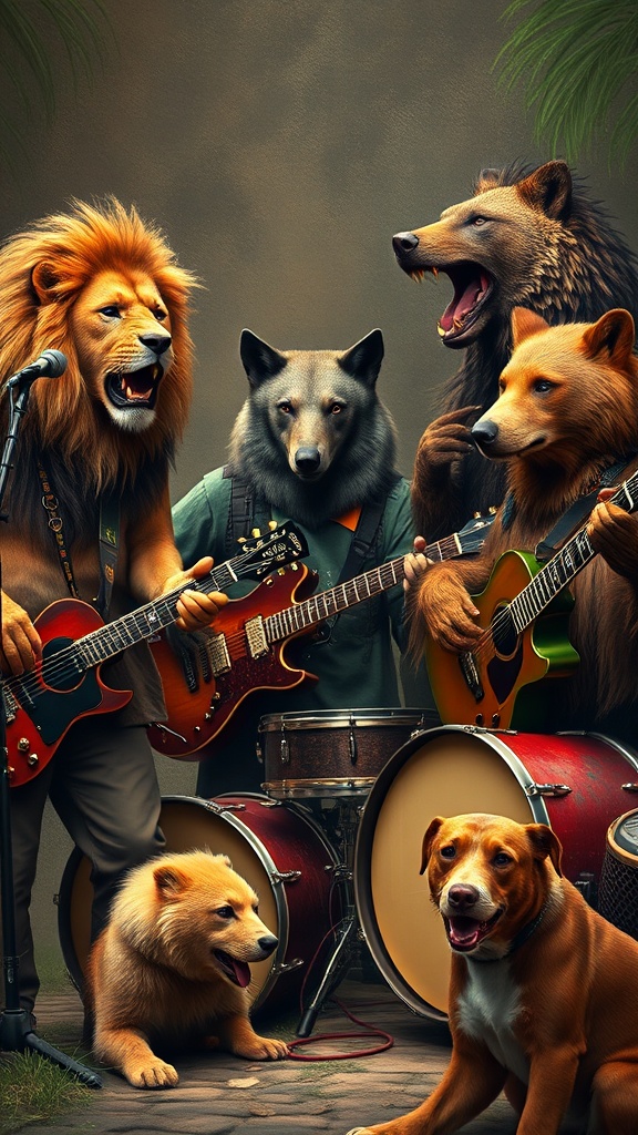 A whimsical scene shows a band of anthropomorphic animals rocking out. A lion passionately sings into a microphone, while a wolf and a bear jam on electric guitars. A playful bear and a friendly dog round out the band with percussion instruments. The setting is vibrant and forest-like, adding a lively, adventurous vibe to the image.