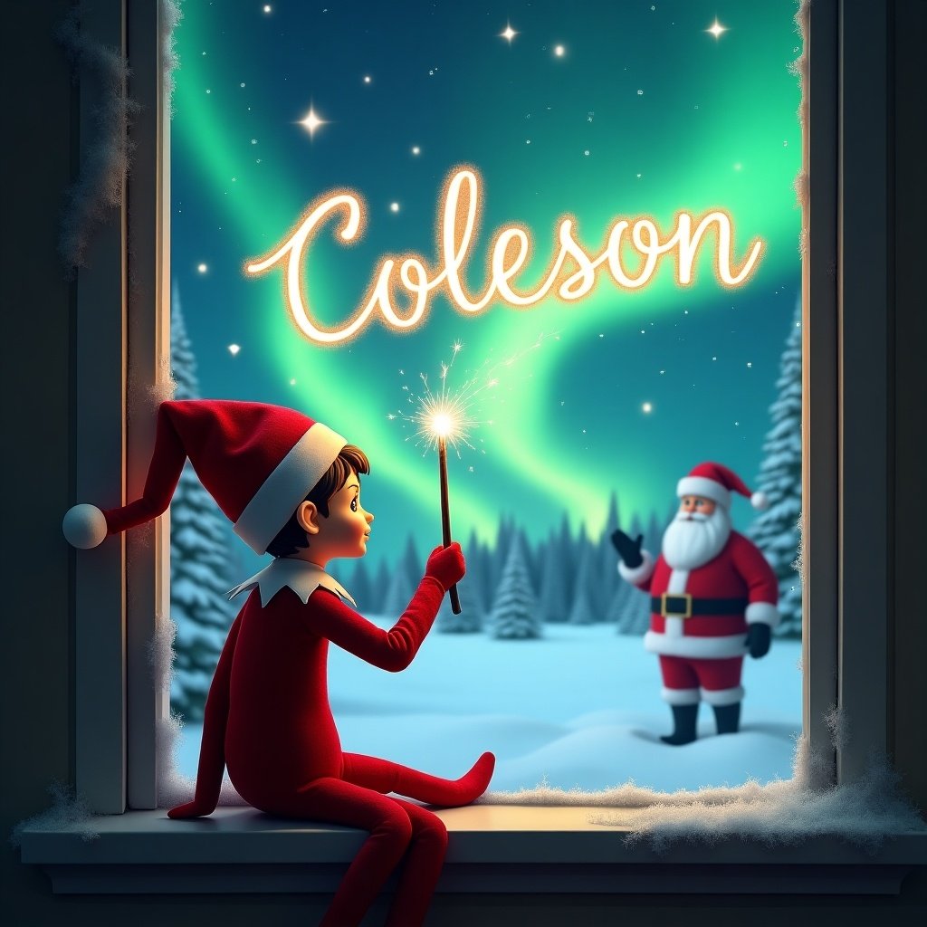 An enchanting Christmas scene. An elf on the shelf sits on a windowsill. The elf is writing 'Coleson' in the sky with a magical wand. The background shows beautiful northern lights. Santa Claus appears in the distance.