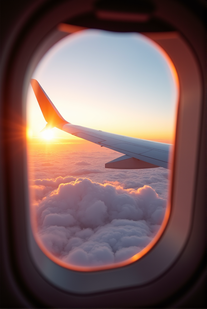 A stunning view from an airplane window showing the wing slicing through fluffy clouds, with a sunset casting warm hues across the sky.