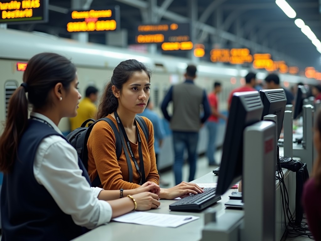 In a busy railway station, a traveller seeks assistance at an enquiry counter. The enquiry clerk is engaged in conversation, providing information about train schedules. The traveller looks focused and slightly anxious, indicating their unfamiliarity with the station. The setting is filled with fellow passengers and train announcements in the background. The enquiry clerk displays professionalism and is attentive toward the traveller's queries, facilitating a seamless travel experience.