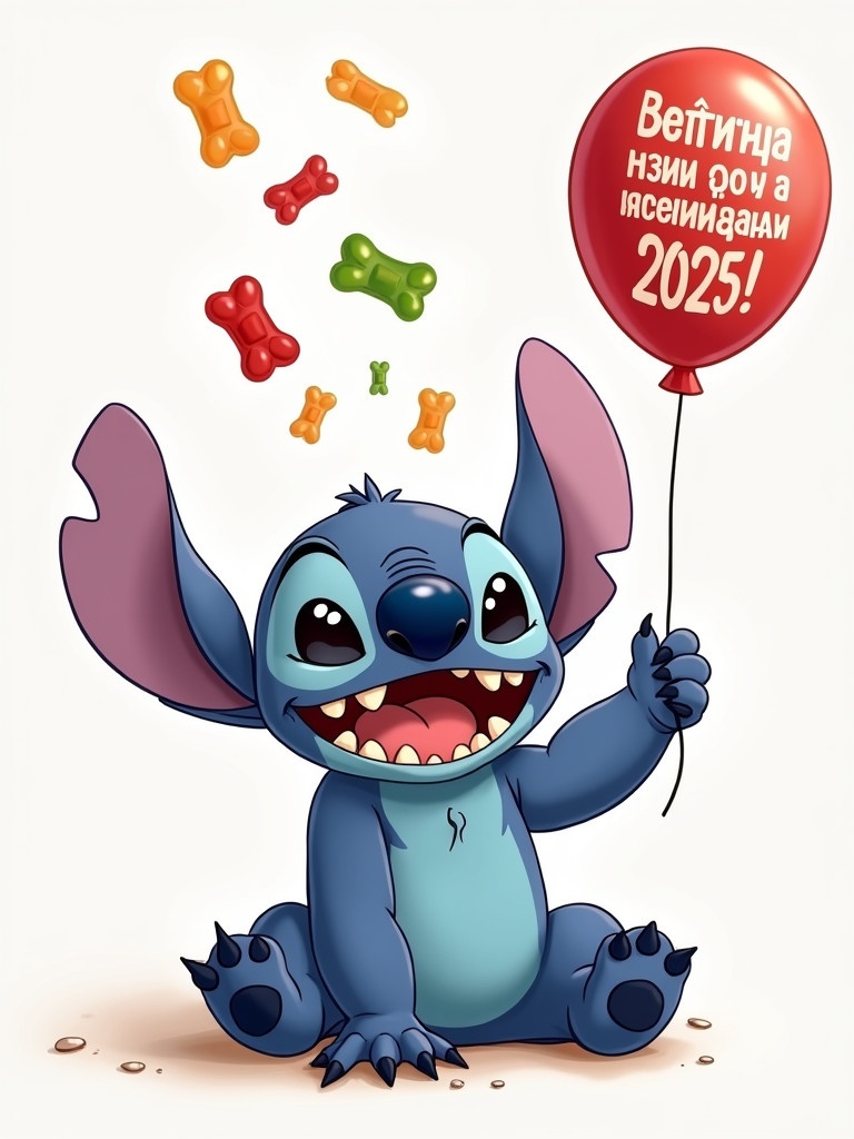 Cheerful blue alien Stitch with big ears and a wide smile. Stitch sits down tossing gummy bears with one hand. Mouth full of gummy bears. In the other hand holding a balloon. Balloon has a message wishing a happy lively 2025. Bright colors. Captivating and fun composition.