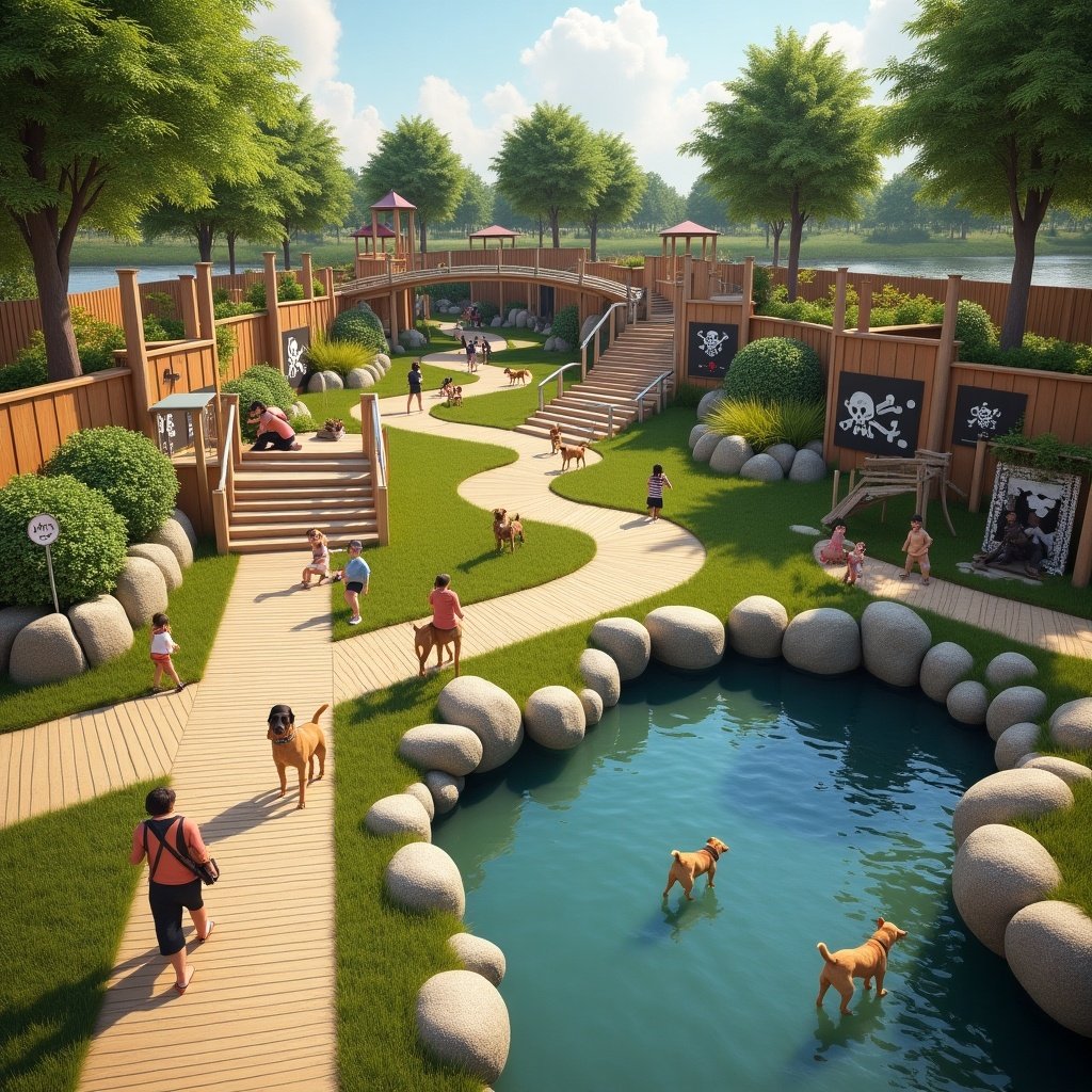 Dog park with a creative pirate theme. Multiple levels for walking paths. Central pond visible with dogs playing. Lush greenery and wooden structures.