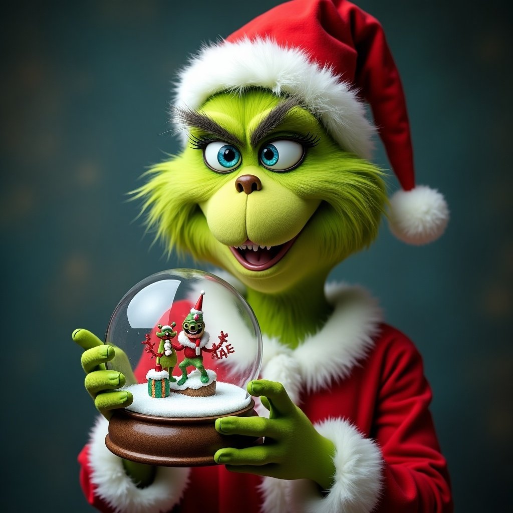 Grinch wearing Christmas outfit holding a snow globe with characters inside.