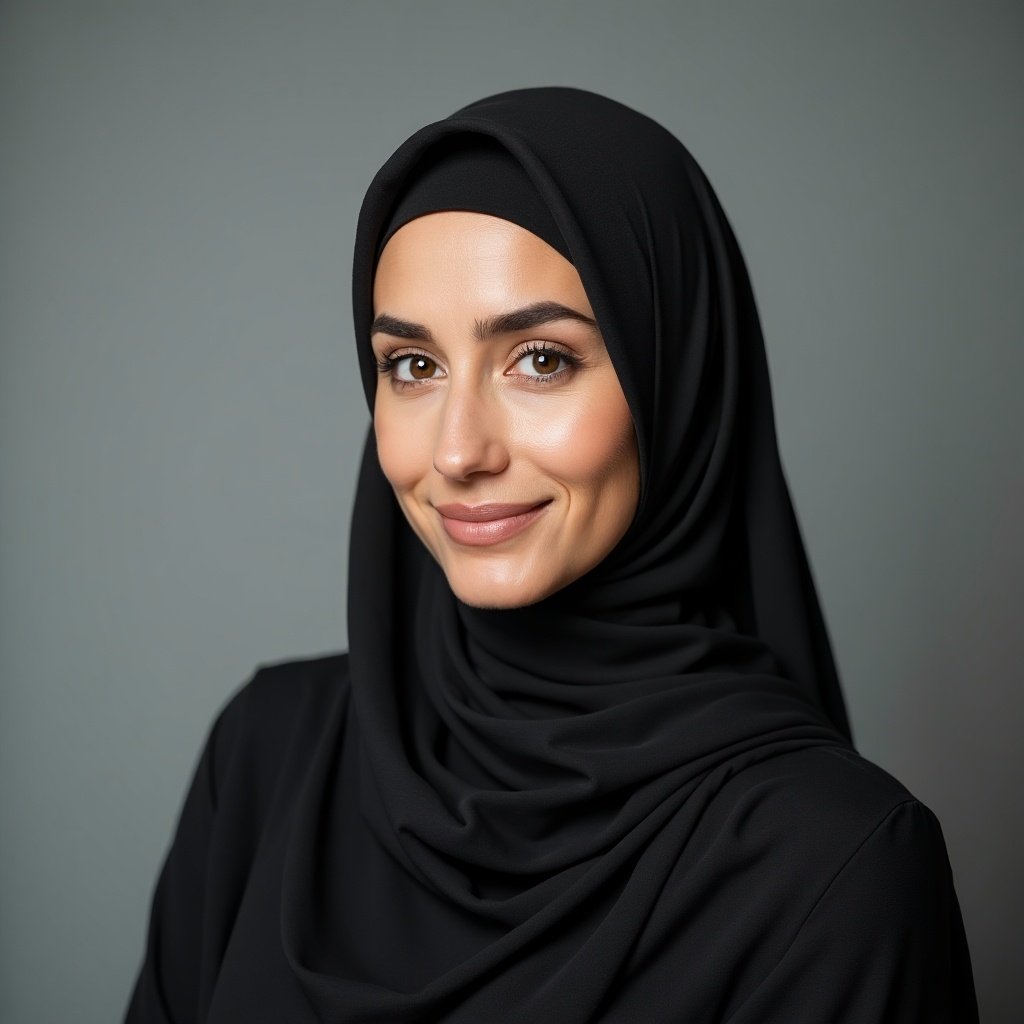 A professional half body ID photo of a beautiful woman wearing a hijab. The image shows the front of the upper body, with soft lighting. The background is neutral and enhances the subject's elegance.