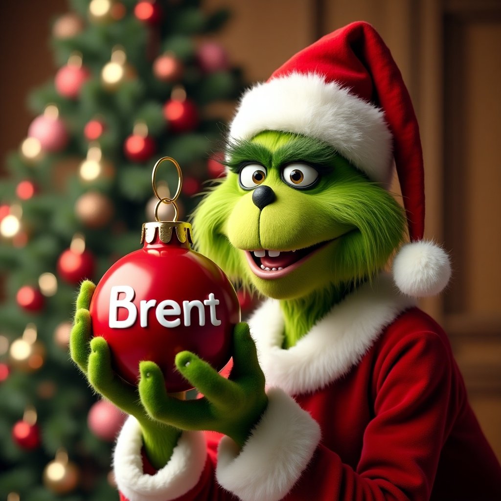 The Grinch holds a red ornament with the name Brent. Background features a decorated Christmas tree. The Grinch wears a Santa outfit with joyful expression.