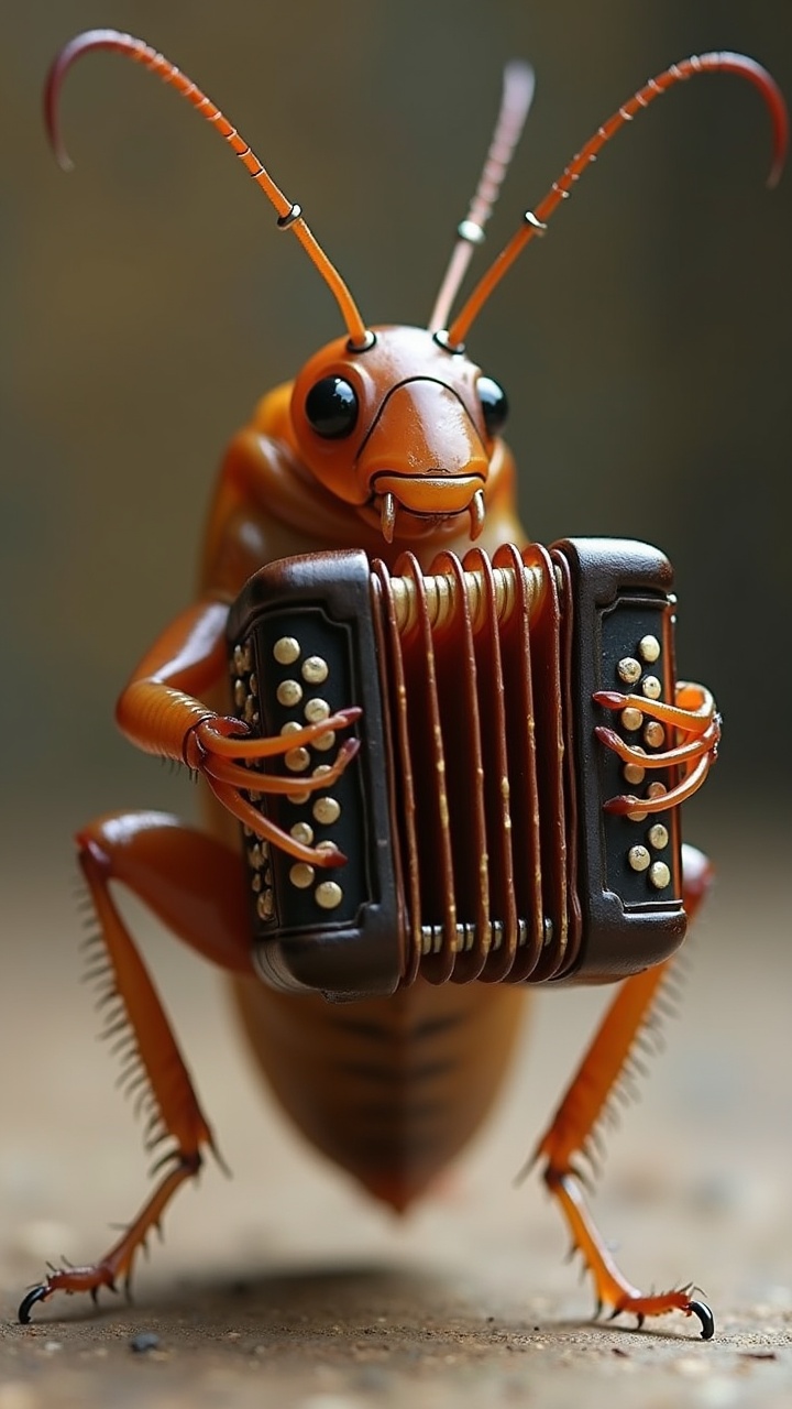 A whimsical, anthropomorphic insect playing an accordion.