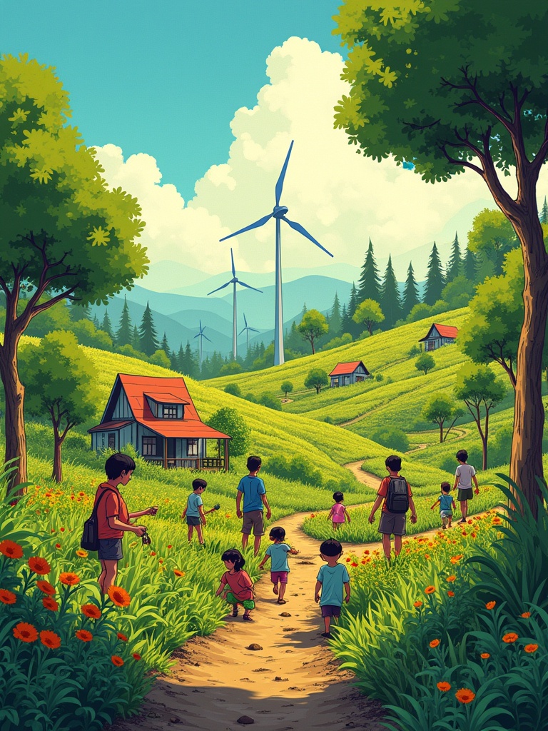 A vibrantly illustrated landscape inspired by solarpunk aesthetics. People of different ages engage in farming and gardening activities in a flourishing environment. Wind turbines are visible in the back. The scene is filled with diverse plant life and colorful flowers. Warm sunlight bathes the landscape enhancing its serene and hopeful atmosphere.