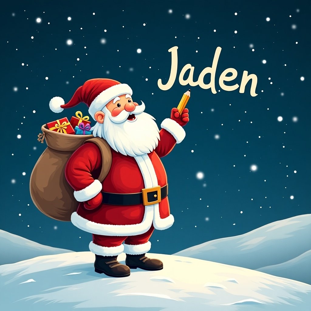 Santa Claus stands on snowy hill under starry night. He writes names in the sky with a pencil. Dressed in red and white. A large sack of gifts on his back. The name 'Jaden' is displayed in a whimsical font.