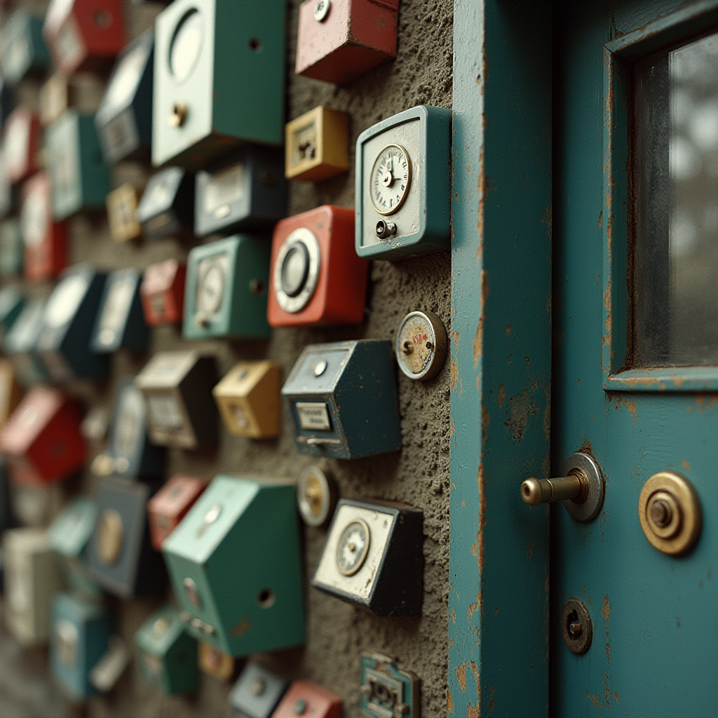 A textured wall adorned with colorful vintage clocks and boxes beside a rustic door.