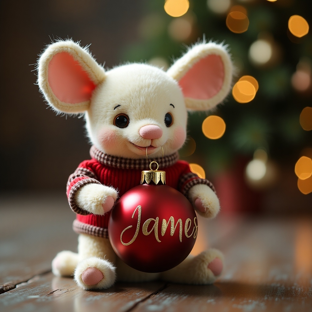 The image features a cute stuffed mouse, resembling a young animal, sitting on a wooden surface with a Christmas tree in the background. The mouse is wearing a cozy red and brown sweater and is holding a shiny red Christmas bauble. The bauble has the name 'James' beautifully inscribed on it in gold lettering. The setting is decorated with warm lighting, creating a festive and cheerful atmosphere. This charming scene evokes a sense of joy and holiday spirit, perfect for the Christmas season.