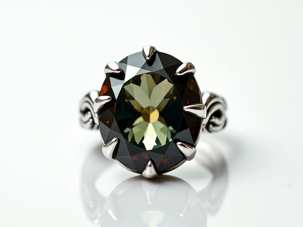 This image features a unique silver ring with a large, faceted gemstone at the center. The gemstone exhibits a gradient of colors, predominantly dark with hints of green and brown, reflecting light in a multifaceted manner. The ring has a distinctive claw-like design around the gemstone, adding an ornate and striking appearance. It is showcased against a crisp white background, enhancing its visual appeal by providing contrast. The overall aesthetic is bold and interesting, making it an eye-catching piece of jewelry.