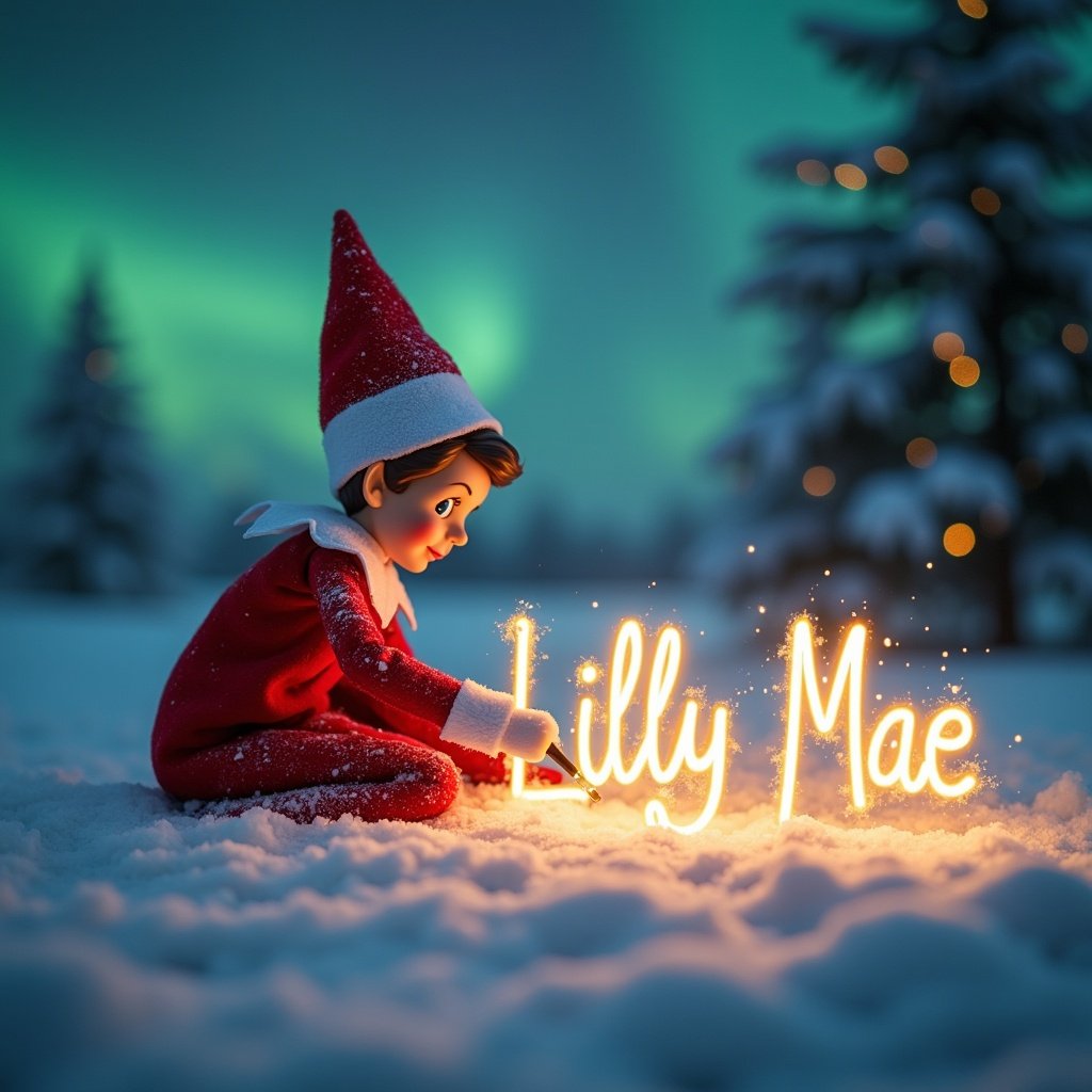 Whimsical scene features an elf writing the name Lilly Mae in snow. Elf wears a red and white outfit. Magical lights indicate enchantment. Background shows snow and northern lights. Name appears in glowing cursive. Captures Christmas spirit and joy in children.