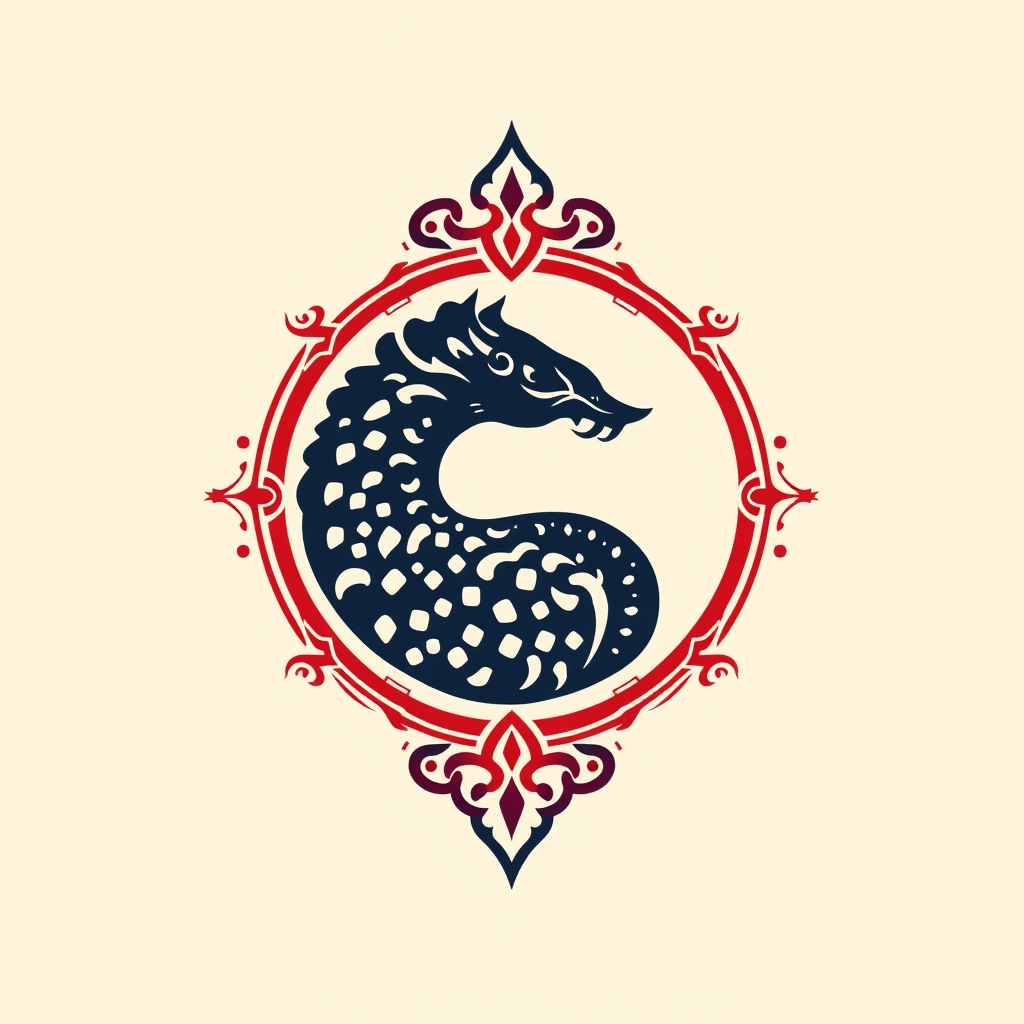 A stylized dark blue dragon is intertwined within an ornate red circular frame, featuring intricate details and symmetrical motifs.