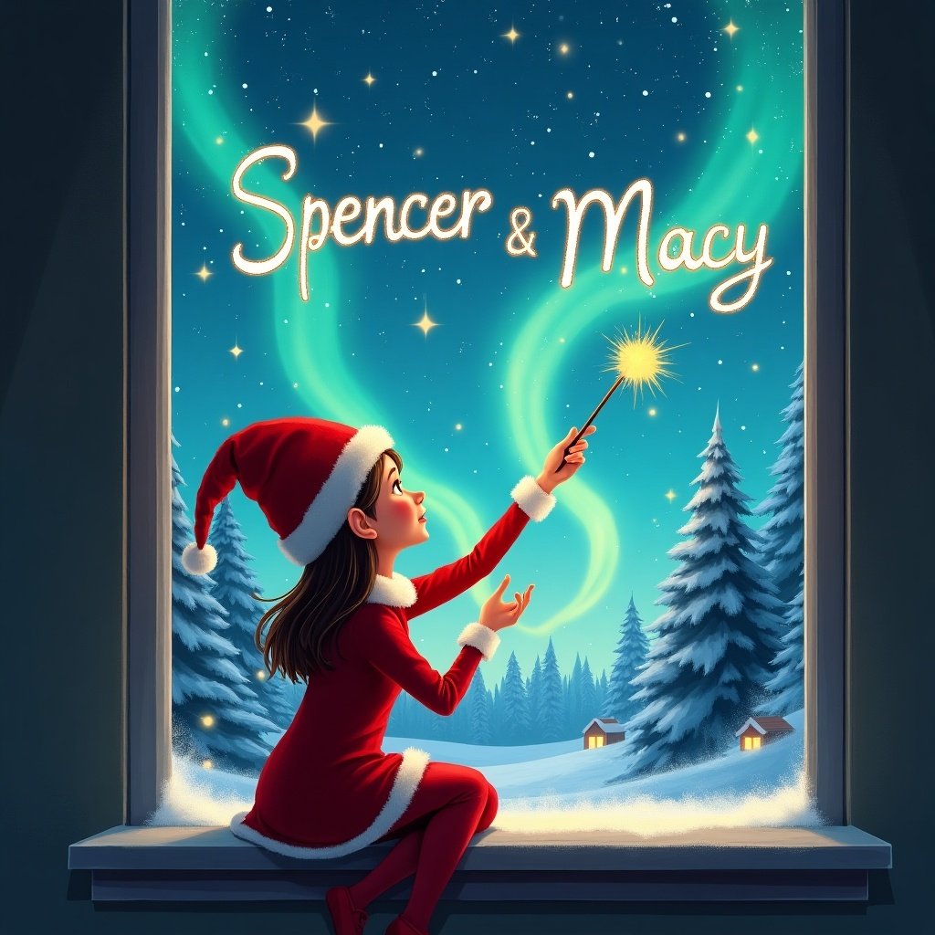 Depiction of a girl elf sitting on a windowsill. She gazes at a magical Christmas sky. Her back is turned, wearing a red outfit and hat. In her hand, she holds a magic wand. She writes 'Spencer' and 'Macy' in the sky. Bamboo background features shimmering northern lights and evergreen trees. Captures holiday magic and wonder.