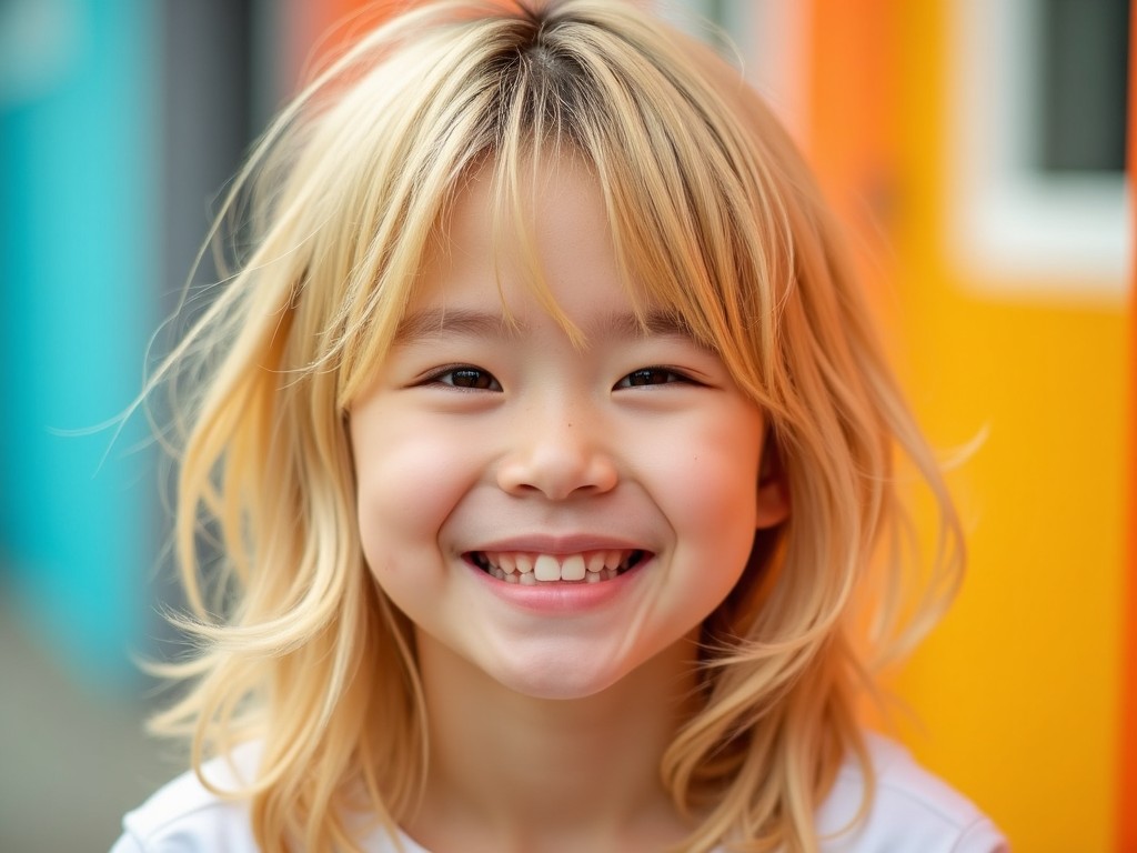 This image features a fresh-looking child with blonde hair styled in a slightly messy, shorter cut. The child is smiling broadly, exuding joy and happiness. The background is colorful, with vibrant hues of blue, yellow, and orange, complementing the cheerful expression of the child. The focus is on the face, capturing the playfulness of youth. This portrait exudes a warm and inviting atmosphere, ideal for family-oriented themes.