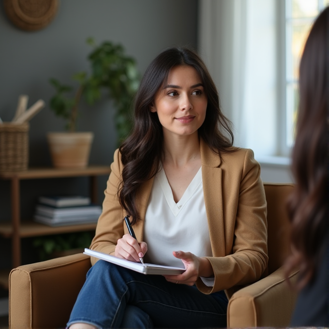 A woman in a brown blazer is attentively listening and taking notes during a conversation.