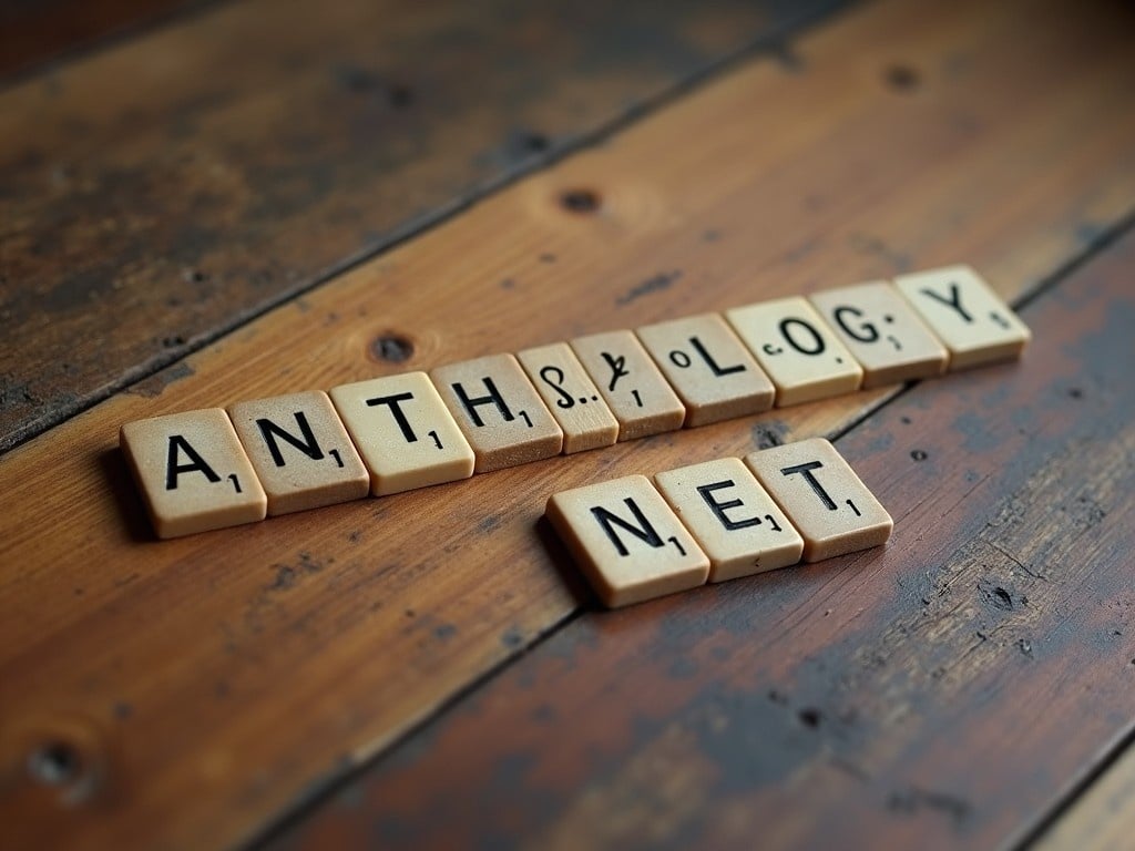 The image features Scrabble tiles arranged to spell out the word 'Anthropology.net' on a textured wooden surface. The tiles have clear black lettering and are laid out in a casual yet organized manner. The background showcases the rich grains of the wood, adding warmth to the image. The lighting is soft and natural, enhancing the clarity of the tiles. This composition is ideal for educational or blogging purposes related to anthropology.