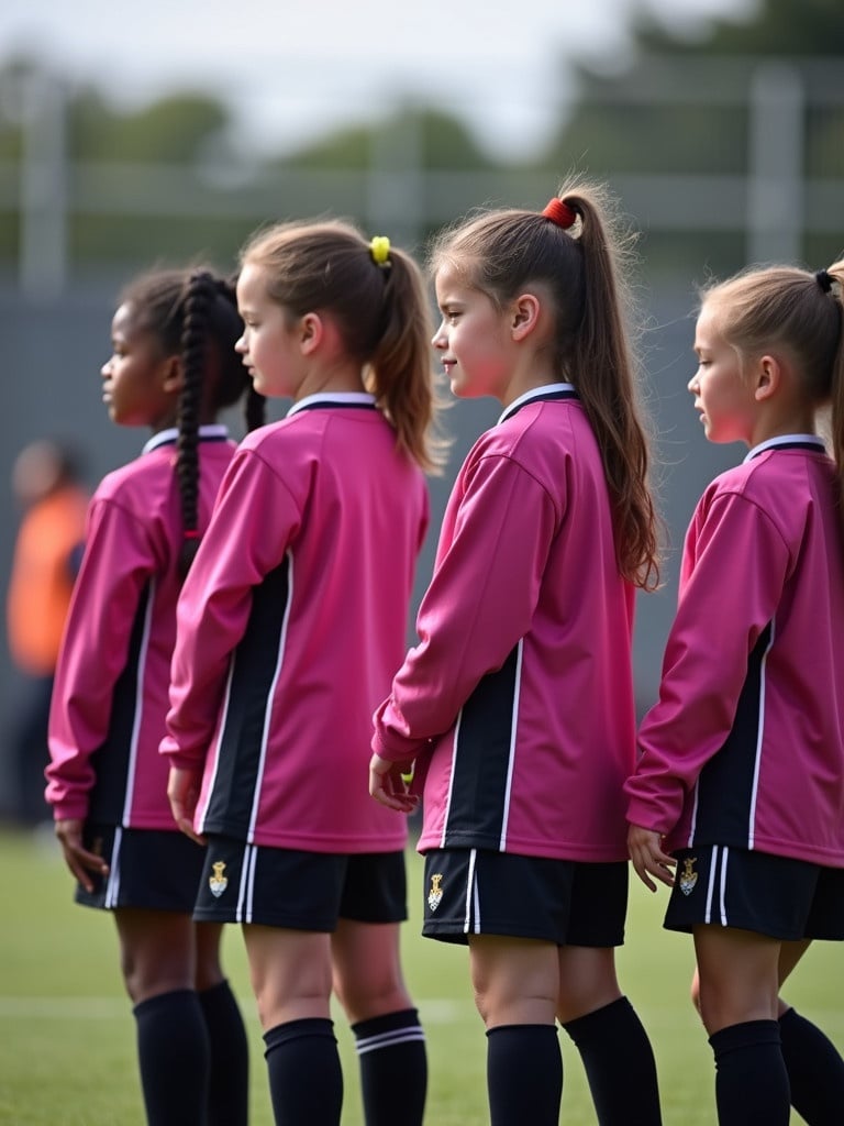 Students and footballers standing together in pink and black uniforms. The image shows unity and anticipation.