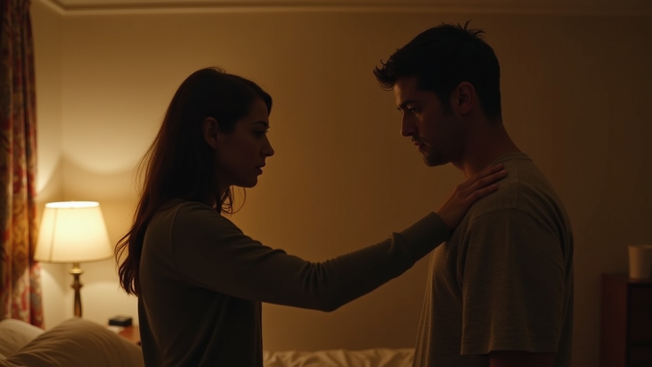 In a softly lit bedroom, a couple stands facing each other. The woman reaches out towards the man, her face expressing longing and connection. The man turns slightly away, his gaze downcast, revealing doubt and inner conflict. The warm lighting enhances the intimate yet tense mood of the scene. This moment captures the emotional distance that can exist even in close relationships. Their body language tells a story of unspoken feelings and unresolved issues, inviting viewers to reflect on their own experiences of intimacy and communication.