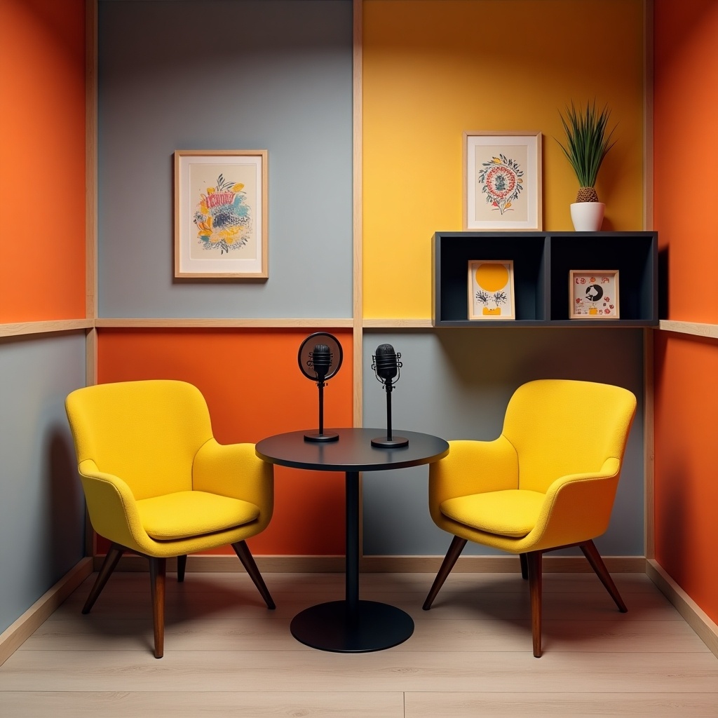 Modern podcast set with vibrant colors. Two bright yellow chairs and a circular table. Professional microphones are on the table. The backdrop features grey and orange panels. Creative collectibles are displayed on shelves. Inviting space for recording and conversation.