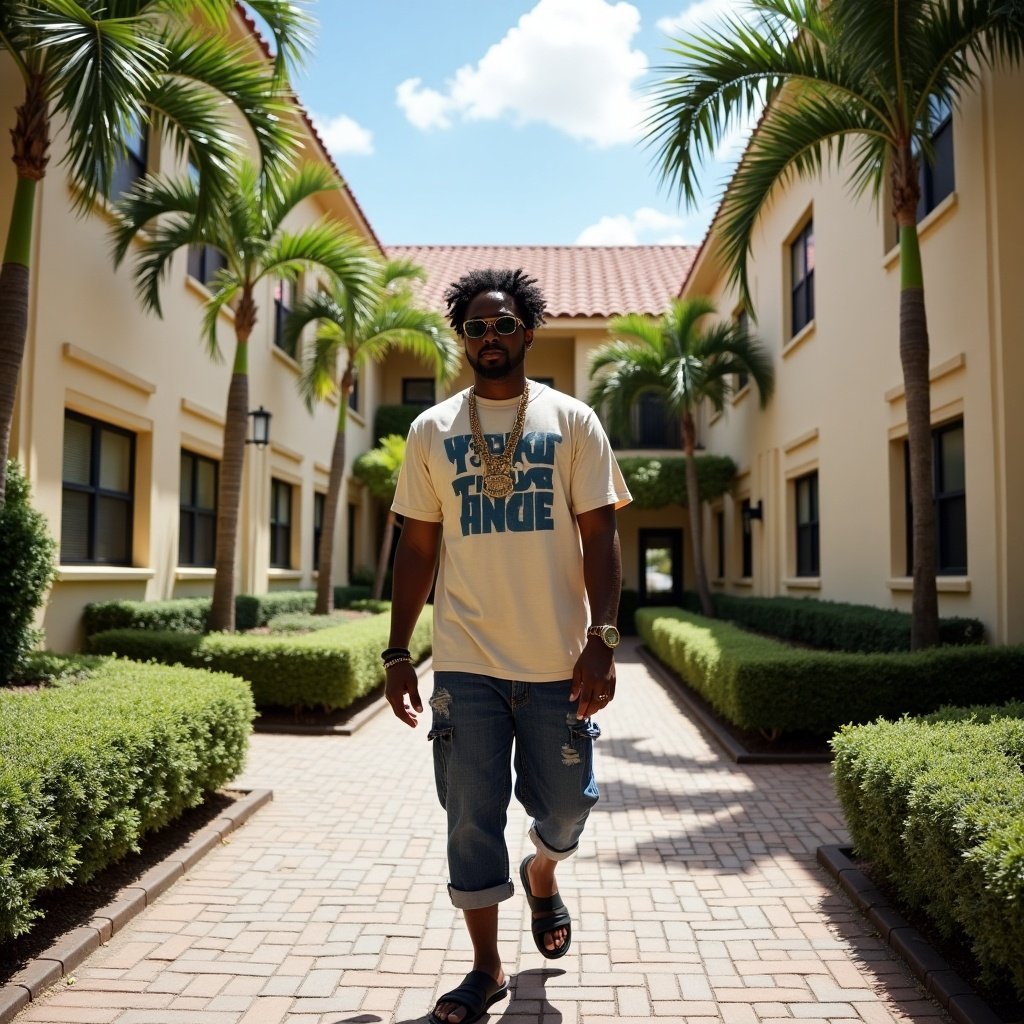 A rapper named Lazerdim700 walks into Auburn Trace Apartments at 625 Auburn Circle W in Delray Beach FL wearing casual clothing. The scene depicts palm trees and vibrant architecture. The rapper strides confidently down a brick pathway.