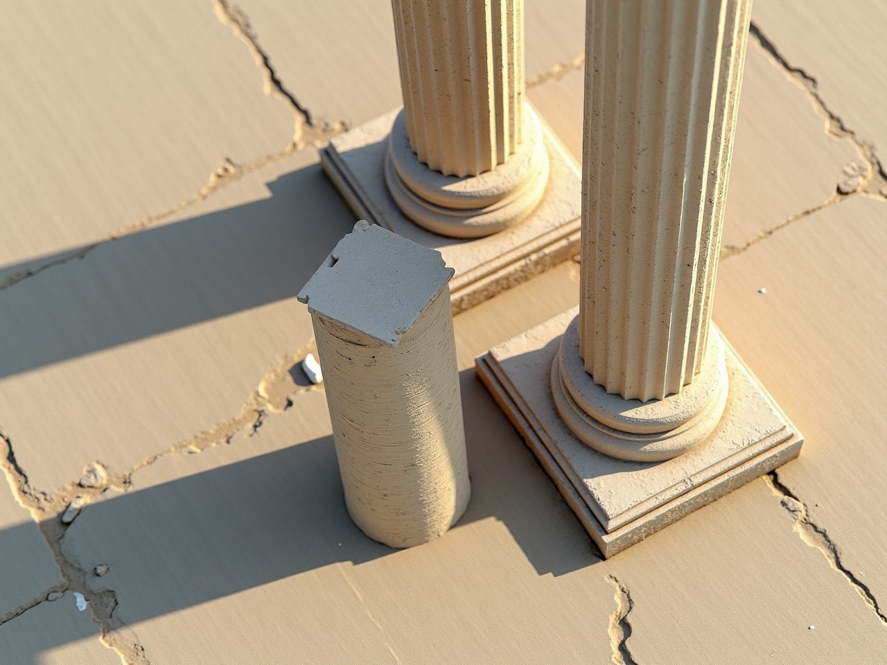 Image of Corinthian columns from above. One column intact and one collapsed. Long shadows cast on ground.