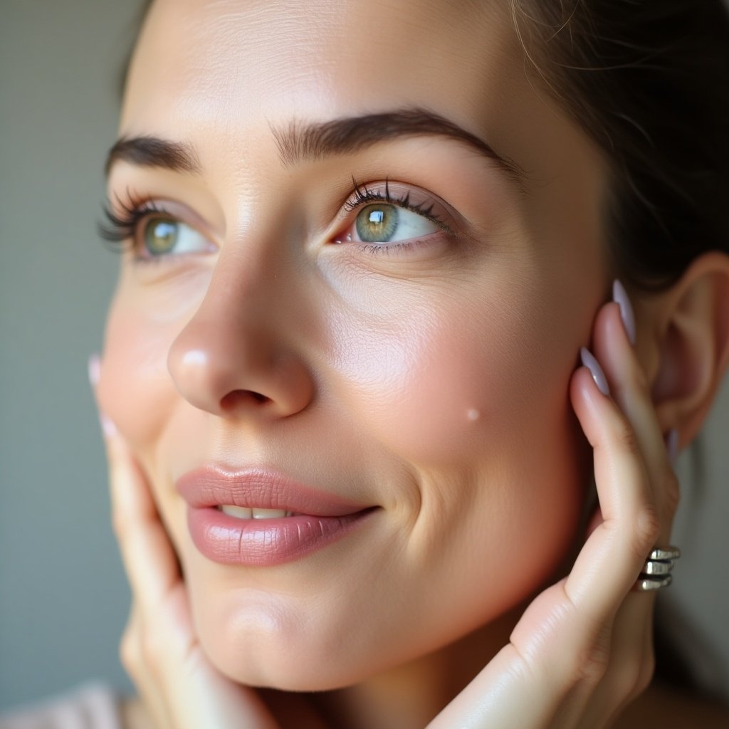 A woman applying an anti-aging collagen product to reduce visible wrinkles.