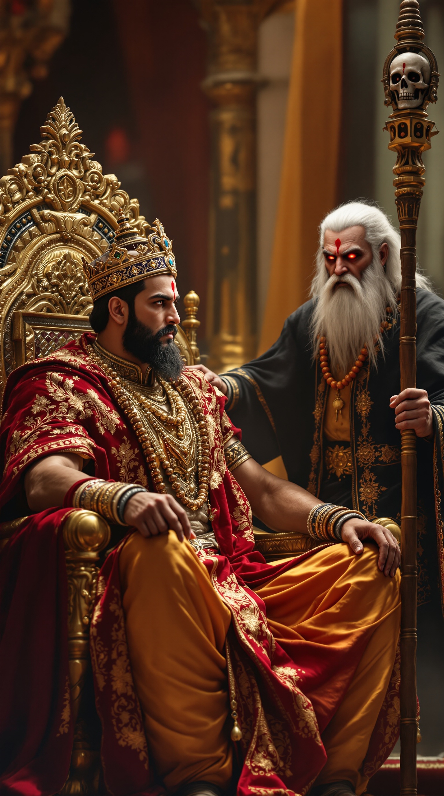 Ultra-HD image of King Veerendra on a golden throne. Maharsi Anand stands beside him calmly. Tantrik Kaljayi with glowing red eyes glares at the sage. Tense atmosphere in grand court.