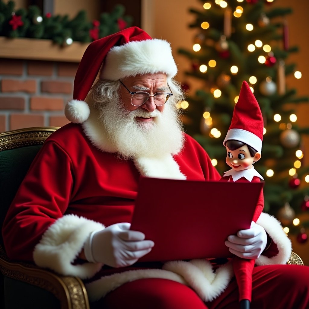 Santa reads red paper. Elf on the Shelf character sits beside Santa. Background features a decorated Christmas tree and a cozy workshop. Scene conveys warmth and holiday cheer.