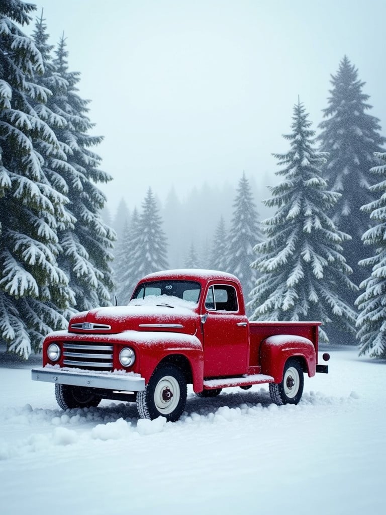 A charming red truck is surrounded by snow-covered pine trees. The landscape is serene and wintery. Snow is gently falling on the scene. The truck stands out brightly against the white snow.