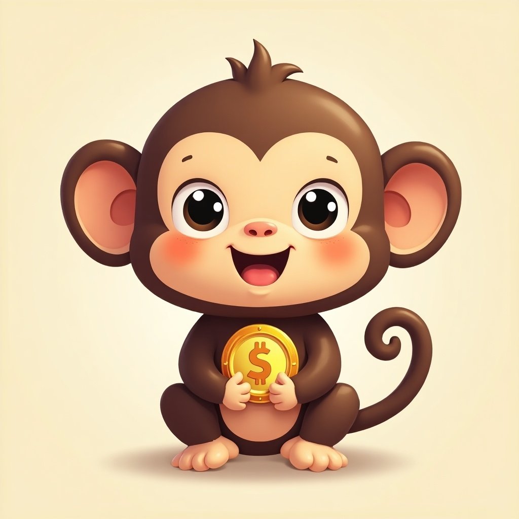 Cute baby monkey styled as animated character for logo. Character holds a coin. Beach surroundings.