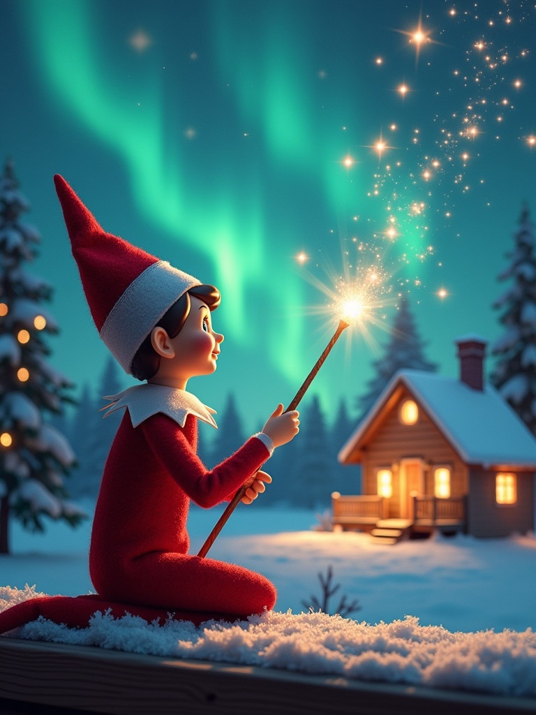 An elf on the shelf sits with its back to the viewer. The elf gazes skyward holding a glowing wand. A charming Christmas scene includes colorful northern lights. A cozy house is visible in the distance. Snow covers the ground. The elf embodies the magic and wonder of Christmas. The name ‘Josh, Enzo & Laila’ appears in the air from the wand.