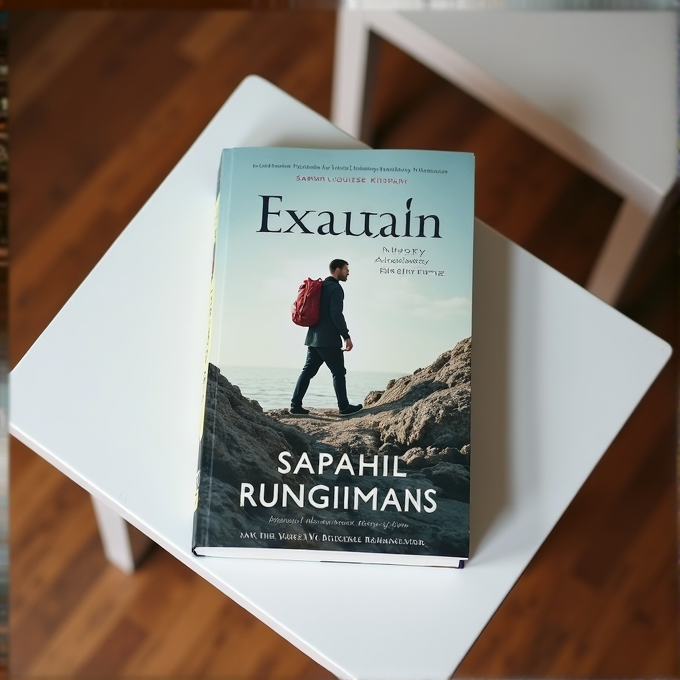 A book titled 'Exautain' featuring a person with a red backpack walking on a rocky coast against a calm sea backdrop, resting on a modern white table with a wooden floor visible in the background.