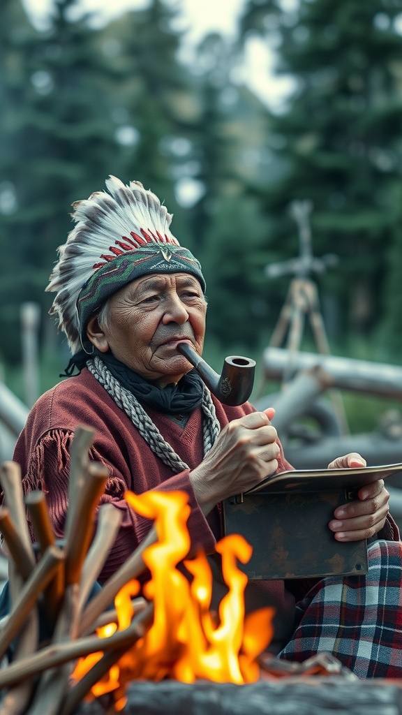 An elderly person wearing a feathered headdress sits by a campfire holding a pipe and a tablet.