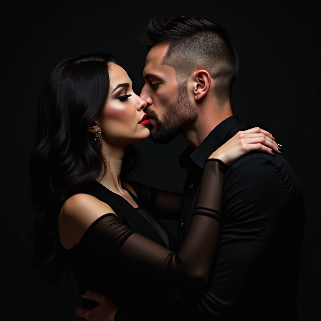 Striking image of a couple in close embrace. Woman has long dark hair and dramatic makeup. Man has rugged appearance and short hair. Both wear elegant black attire. Setting emphasizes sophistication and allure.