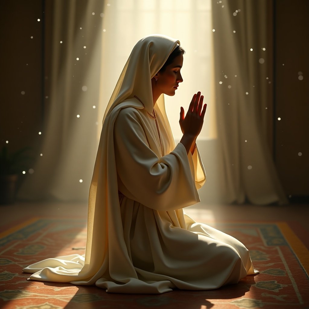 A saint in Christianity kneels and prays. The figure is draped in white with soft lighting around. There is a serene atmosphere evoking reverence.