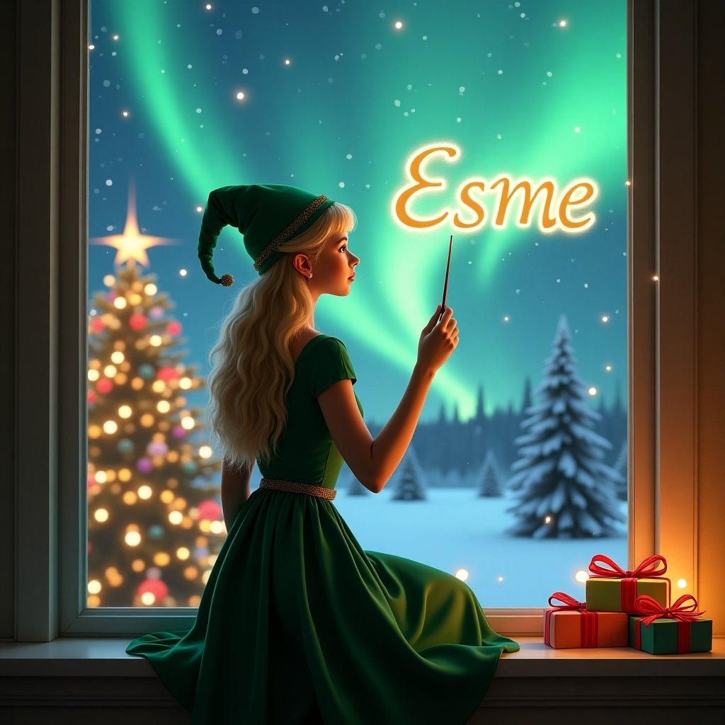 Female elf on windowsill looking at magical Christmas scene. She wears a green dress and pointed hat. In her hand, she holds a wand writing the name 'Esmé' in the air. Background features northern lights and a decorated Christmas tree with colorful presents. Scene illuminated with twinkling lights.